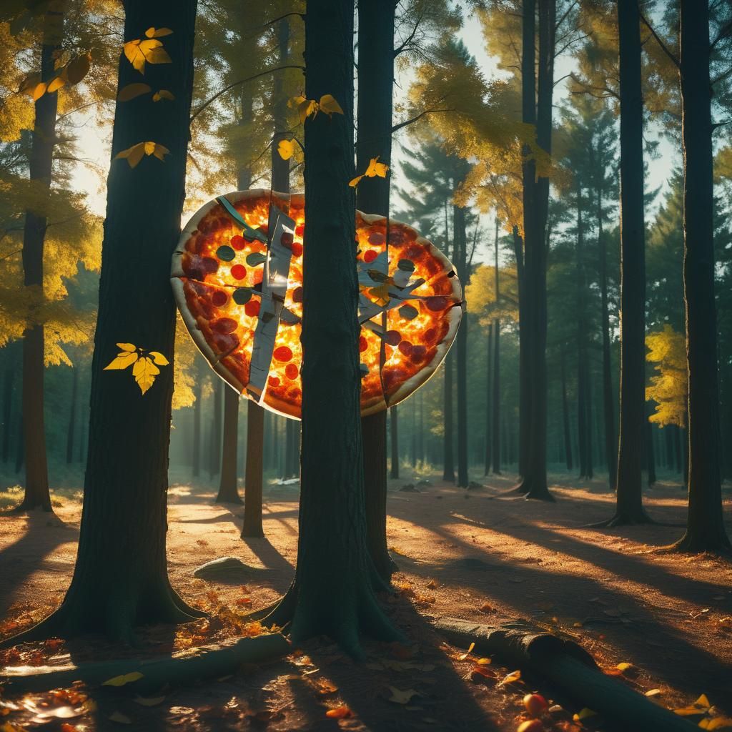 Giant Pizza Taped to Forest Tree: Cinematic Still