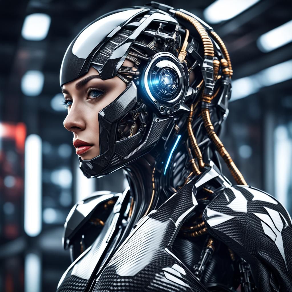 Futuristic Carbon Fiber Cyborg Woman in Ultrarealistic 4K