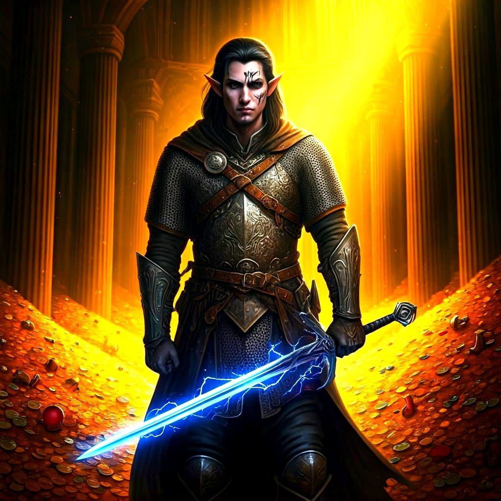 Half-Elf Rogue in a Treasure-Filled Temple