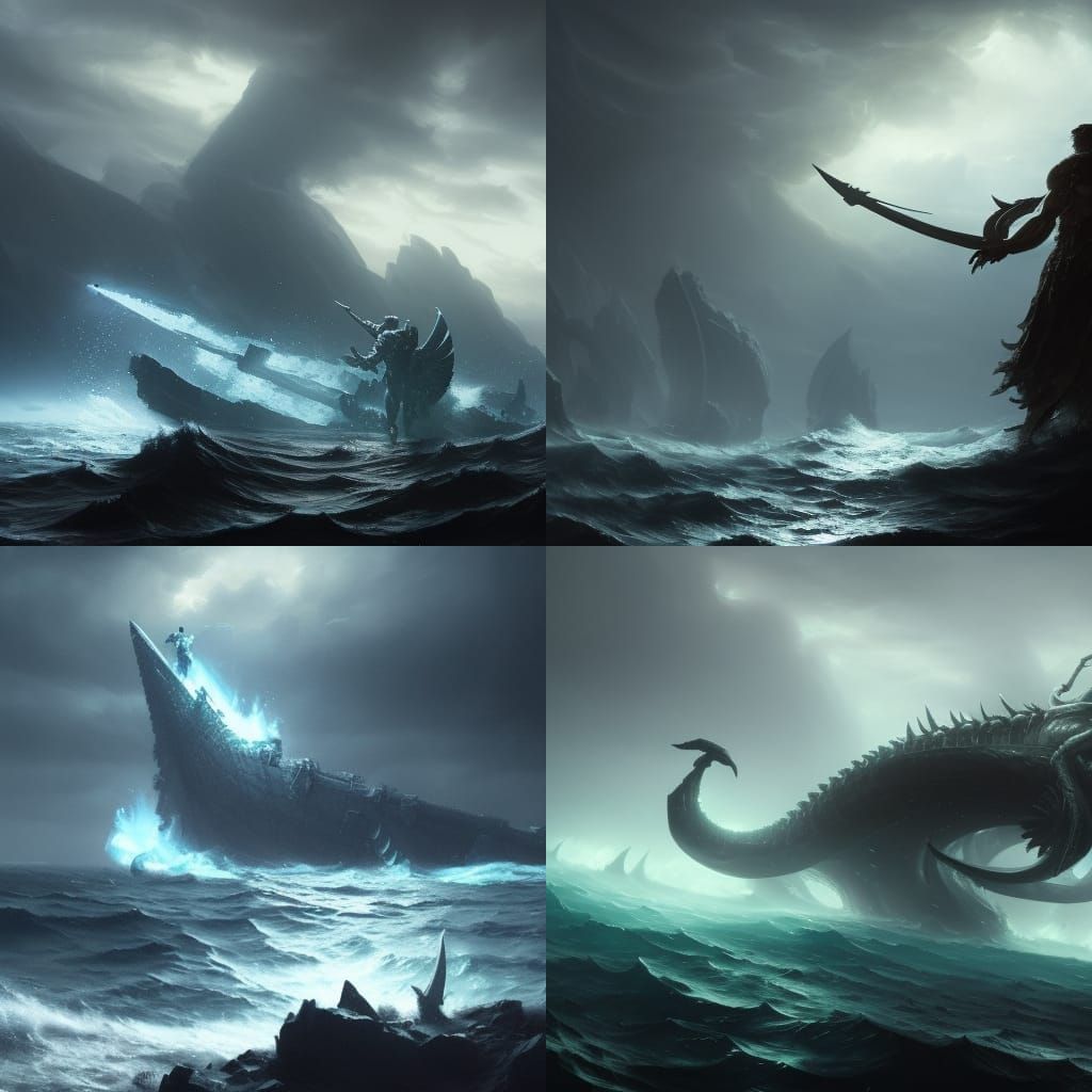 Poseidon in Dark Ocean, Hyperdetailed Fantasy Art