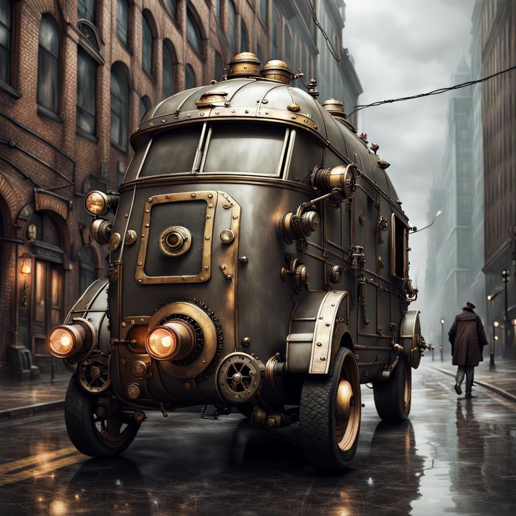 Steampunk Armored Van on Overcast City Street