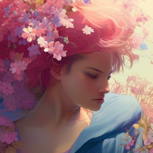 Person Asleep in Colorful Flower Bed Portrait