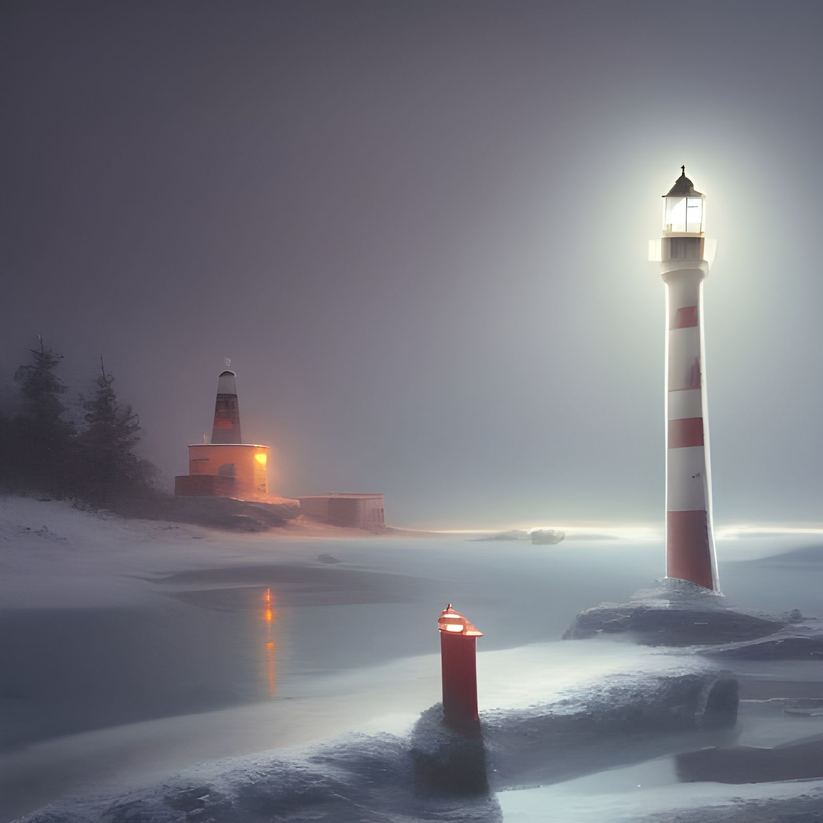Cozy Winter Lighthouse Scene at Night