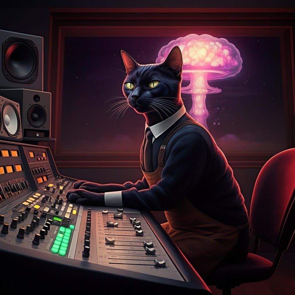 Black Bombay Cat Audio Engineer in Retro Studio