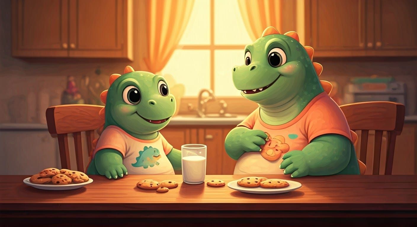 Chubby Green Dinosaur Family Enjoying Snacks