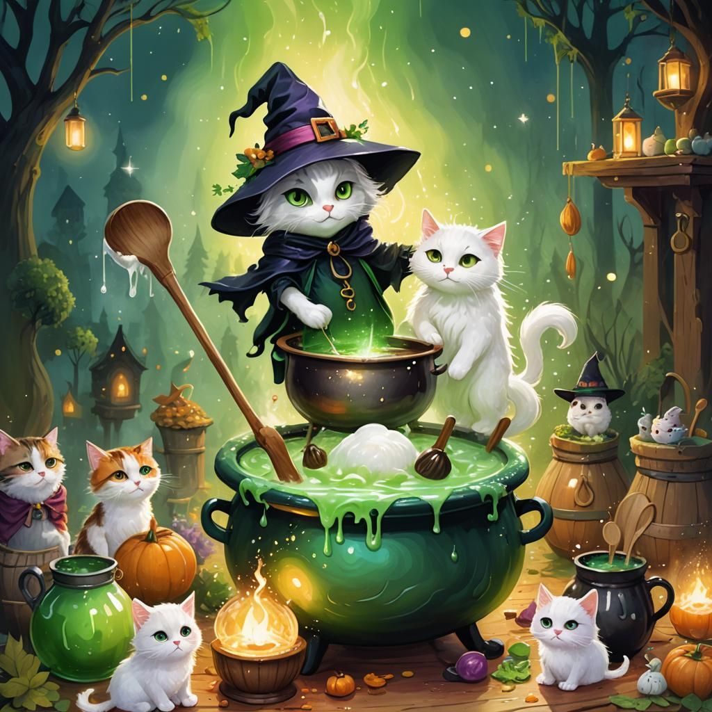 Whimsical Witch Cat Stirring Magic Potion
