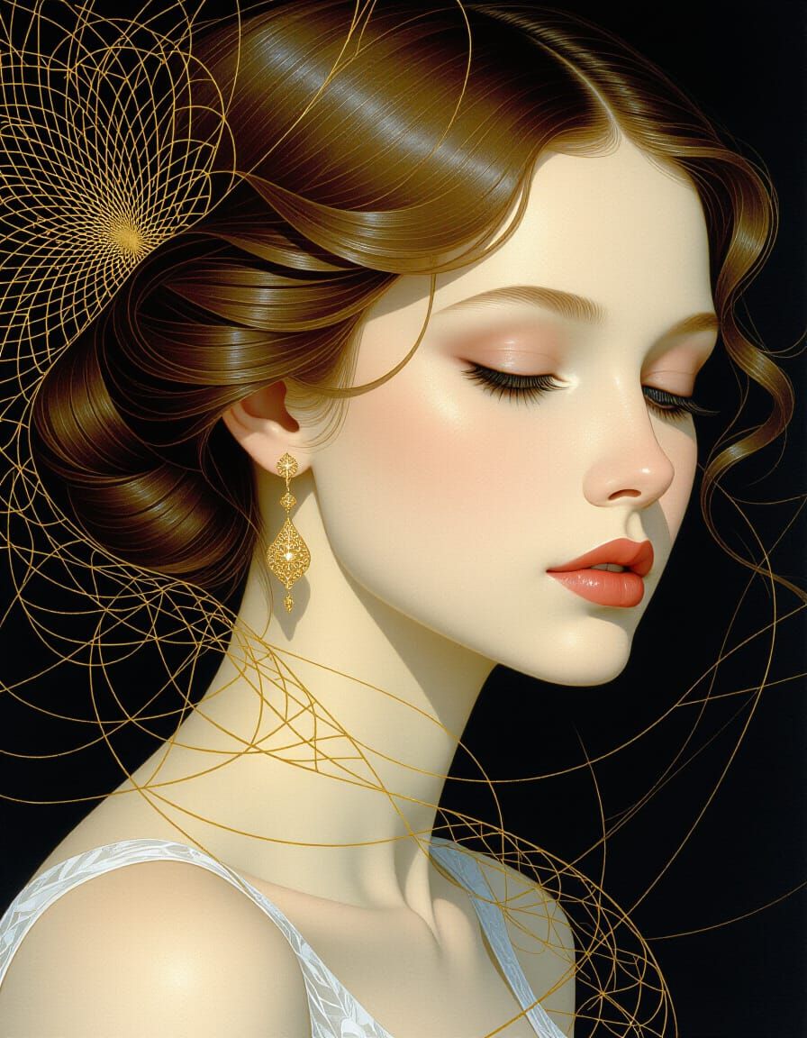 Surreal Abstraction with Golden Strands and Female Magic