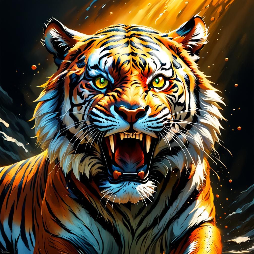 Wild Tiger in Airbrush Style With Fantasy Elements