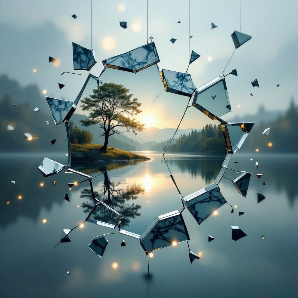 Shattered Porcelain Fragments Reflecting Nature in Abstract ...