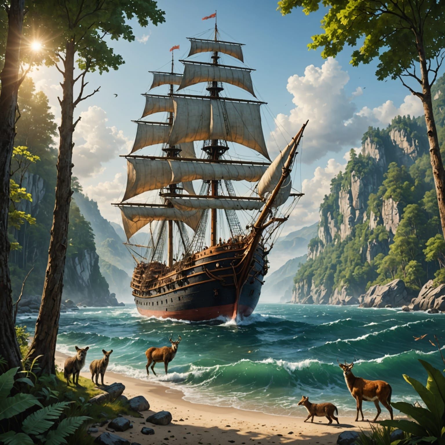 Realistic Large Ship Sails Through Majestic Sea Landscape