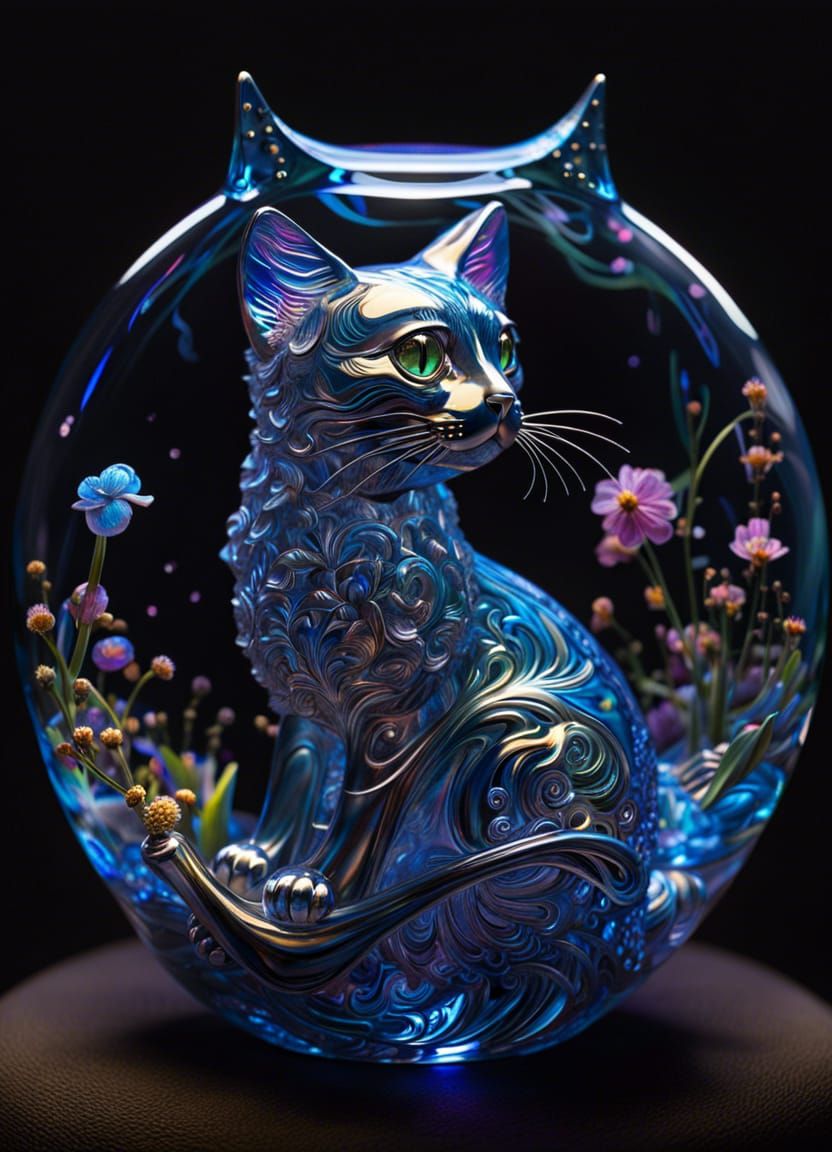 Transparent Glass Cat 3D Sculpture in Holographic Style