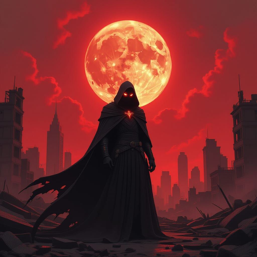 Dark Villain Warps Reality in Ruined Cityscape