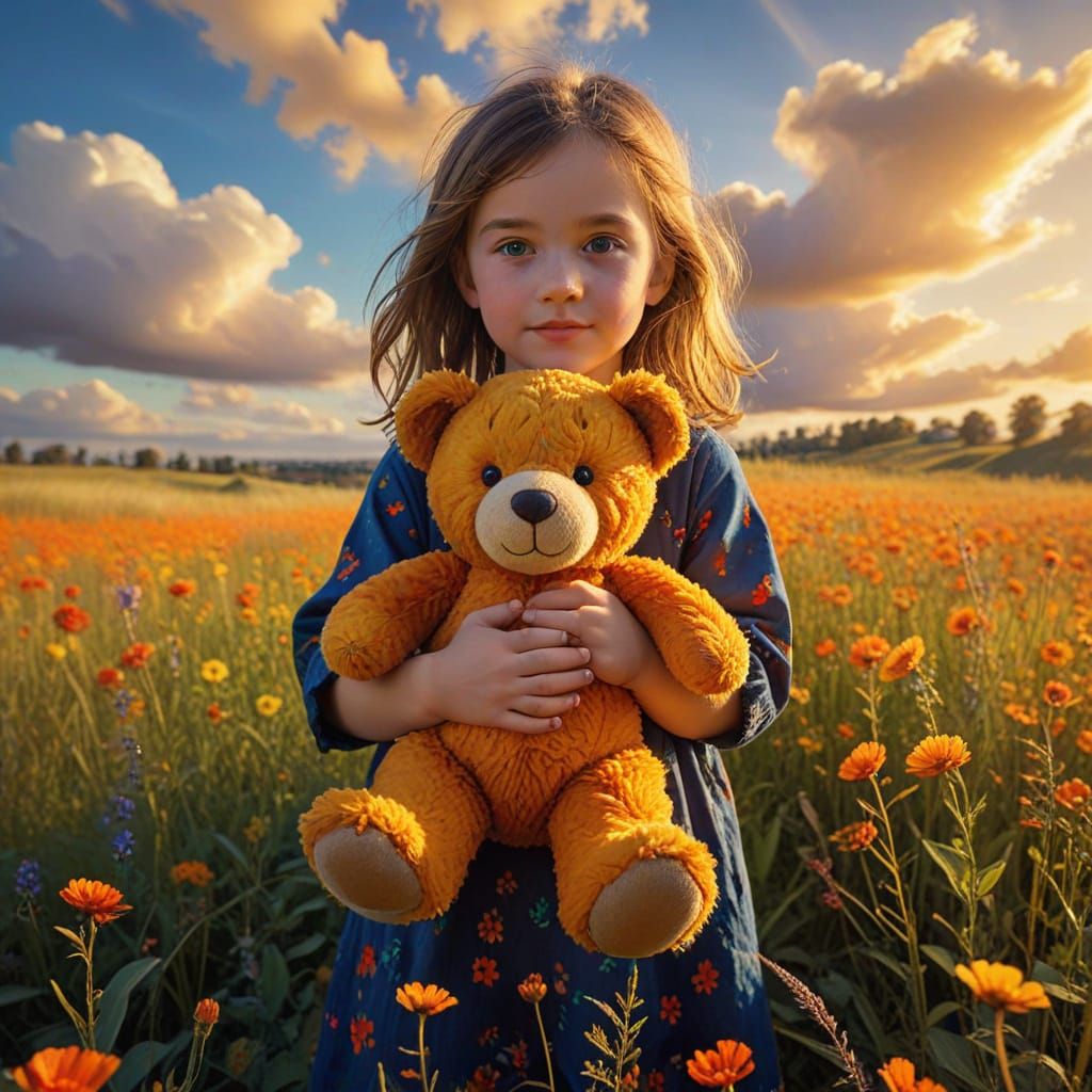 Vibrant Fauvist Masterpiece: Child and Teddy in Sunny Meadow
