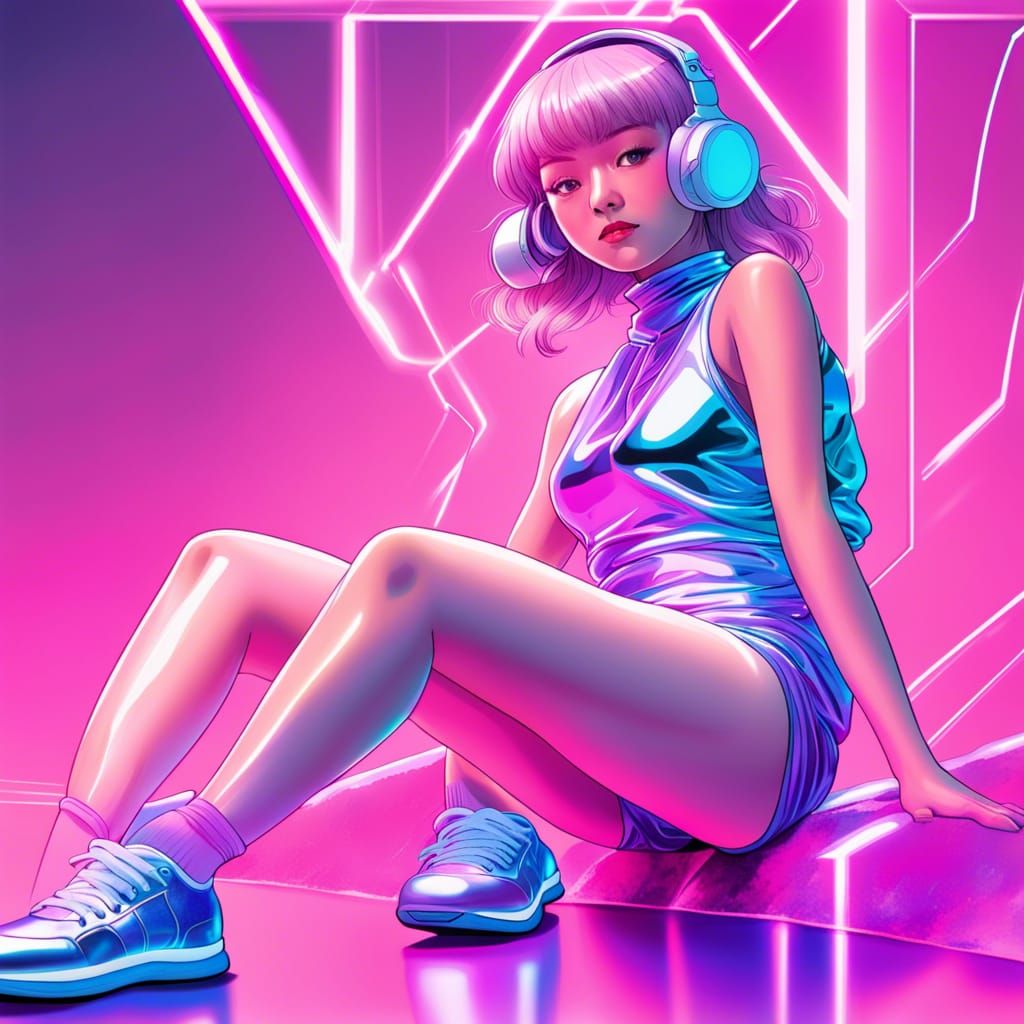 Vaporwave Girl in Leotard and Sneakers