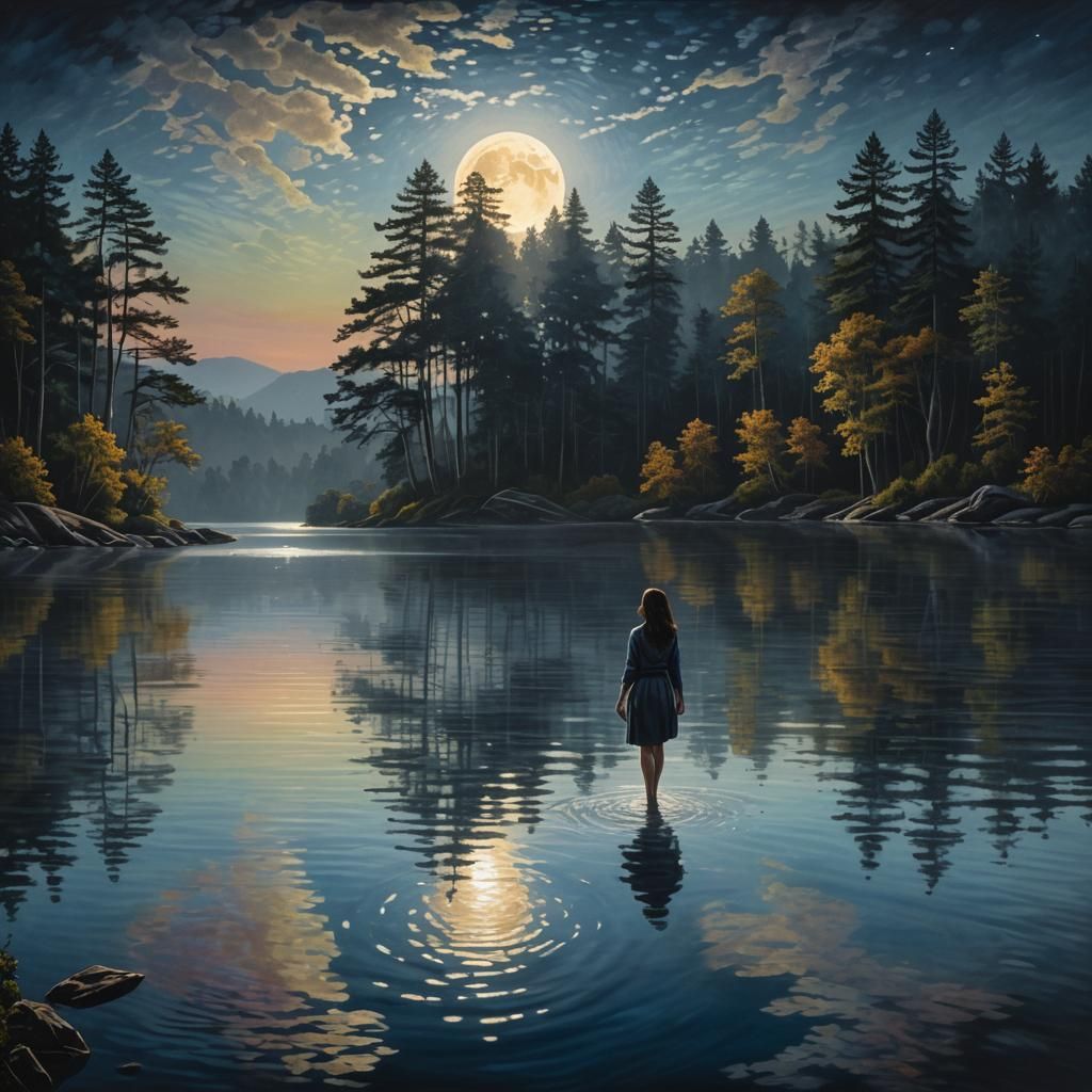 Woman Wading in Lake Under Moonlight: Hyperrealistic Scene