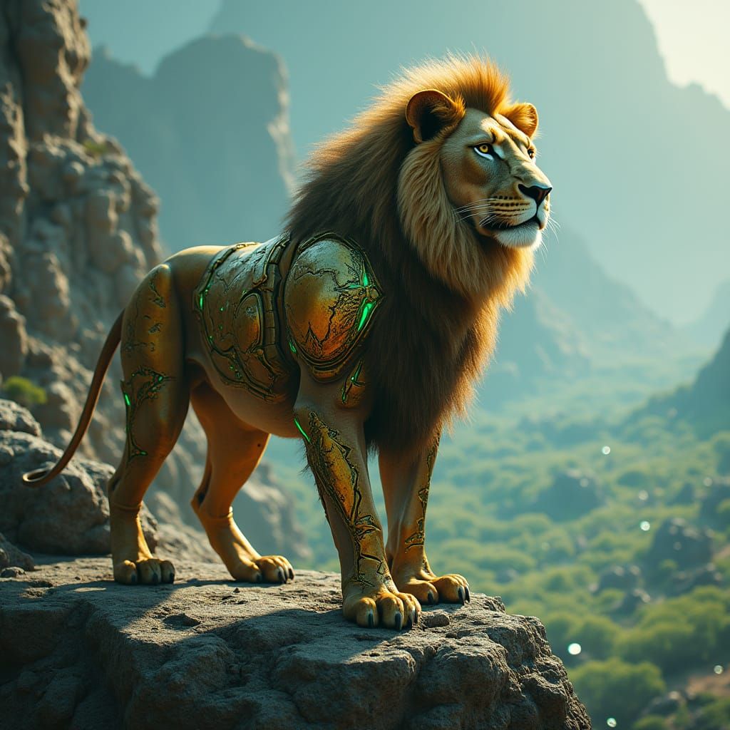 Armored Lion Overlooks Bioluminescent Savannah