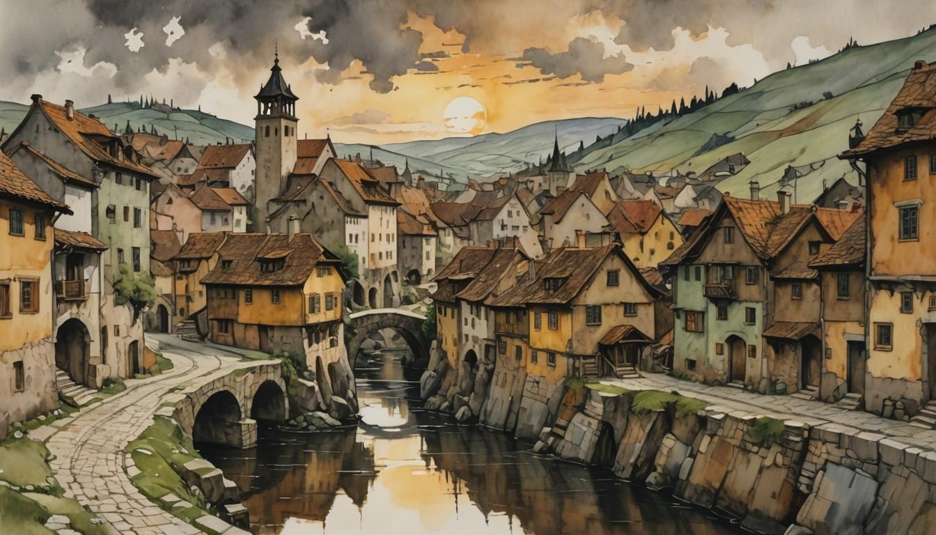 Old Stone Town in Watercolor with Golden Sky