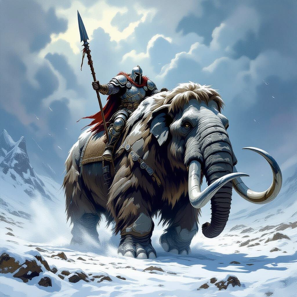 Knight on Mammoth in Epic Fantasy Illustration Style