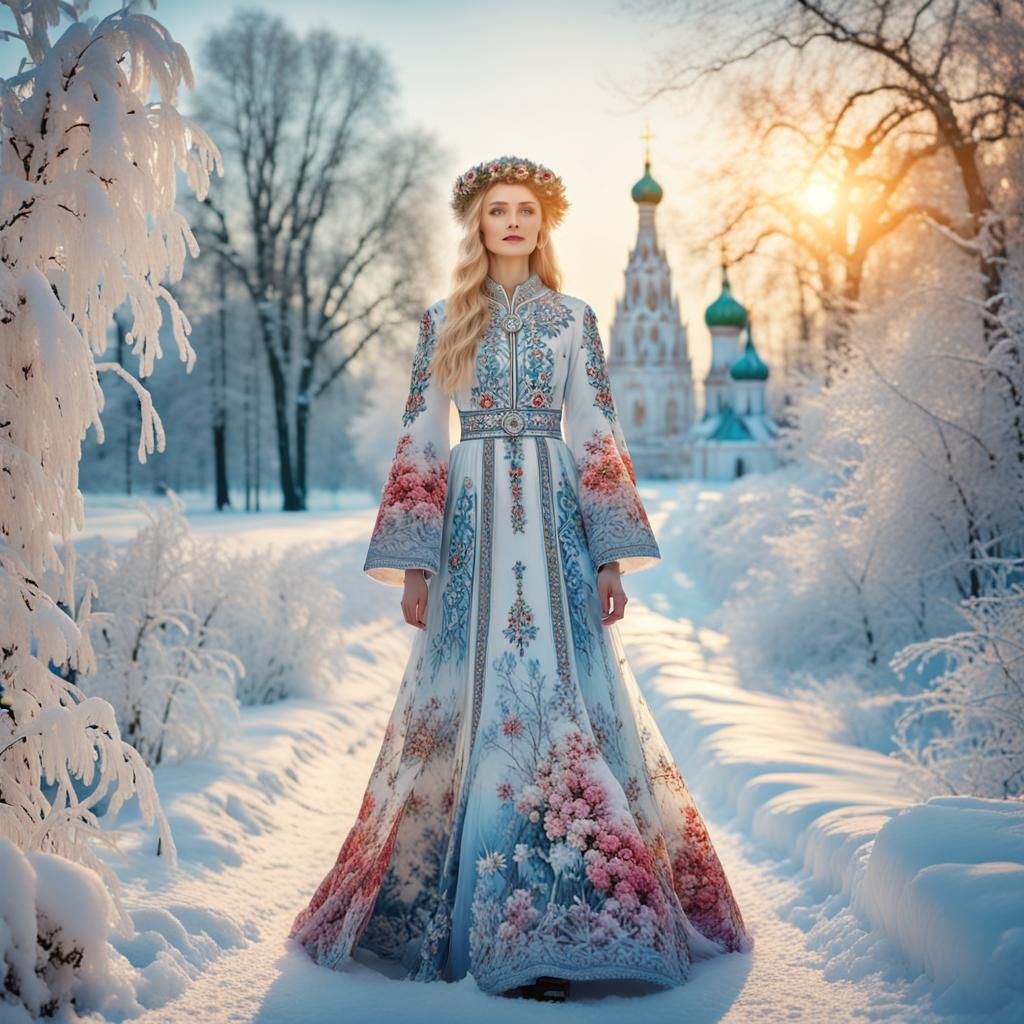 Russian Model in Snowy Moscow Wonderland: Oil Painting