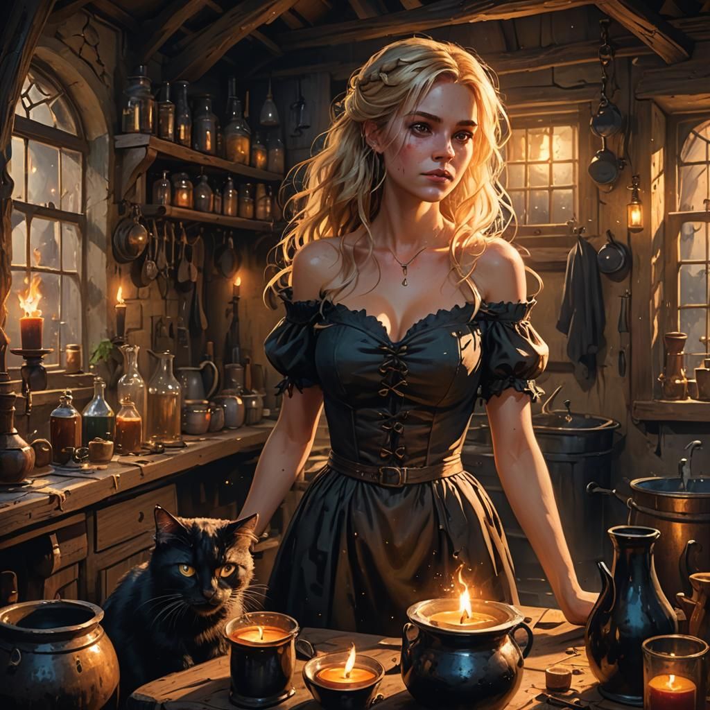 Woman Brewing Potion in Cottage: Splash Art