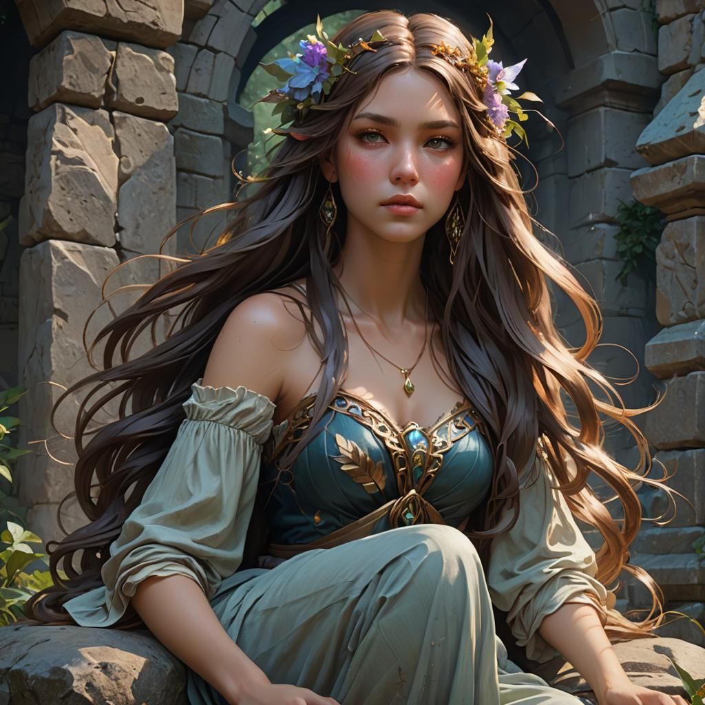 Detailed Nymph Portrait in Art Nouveau Style