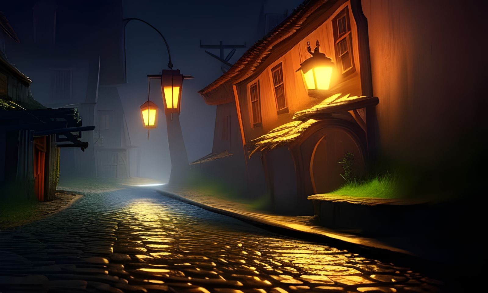 quiet street in the night in a village a masterpiece, 8k resolution, dark fantasy concept art, by Greg Rutkowski, dynami...