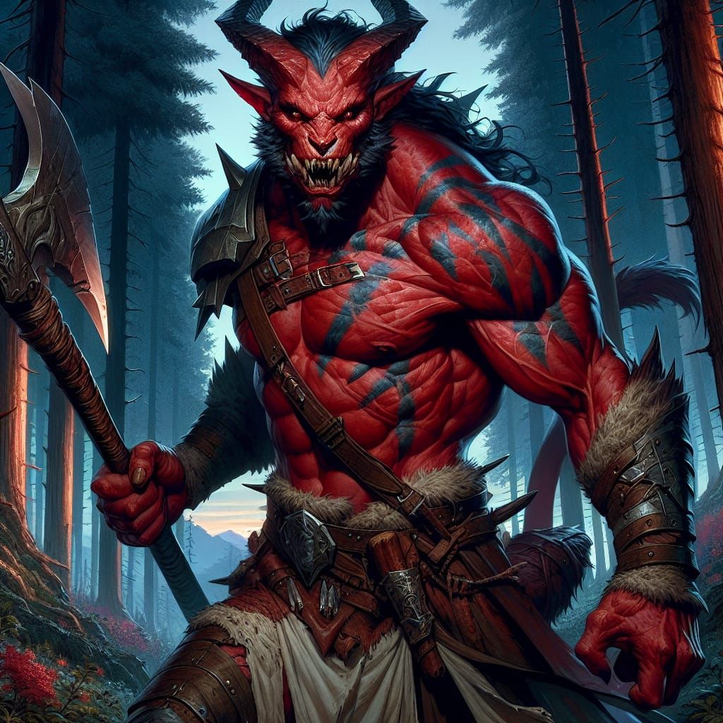 Red-Skinned Barbarian Warrior in Combat Stance, Fantasy Conc...