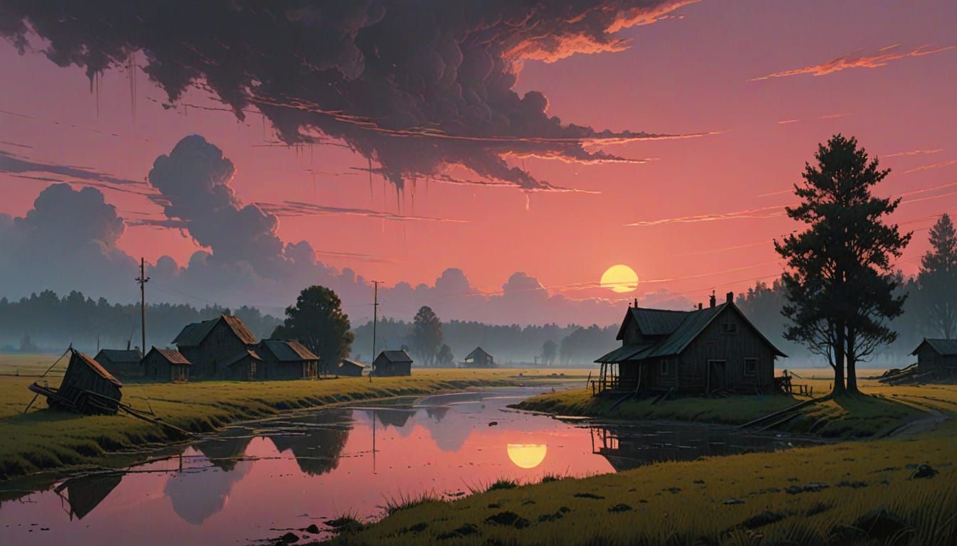 Peaceful Village Scene in Soft Light
