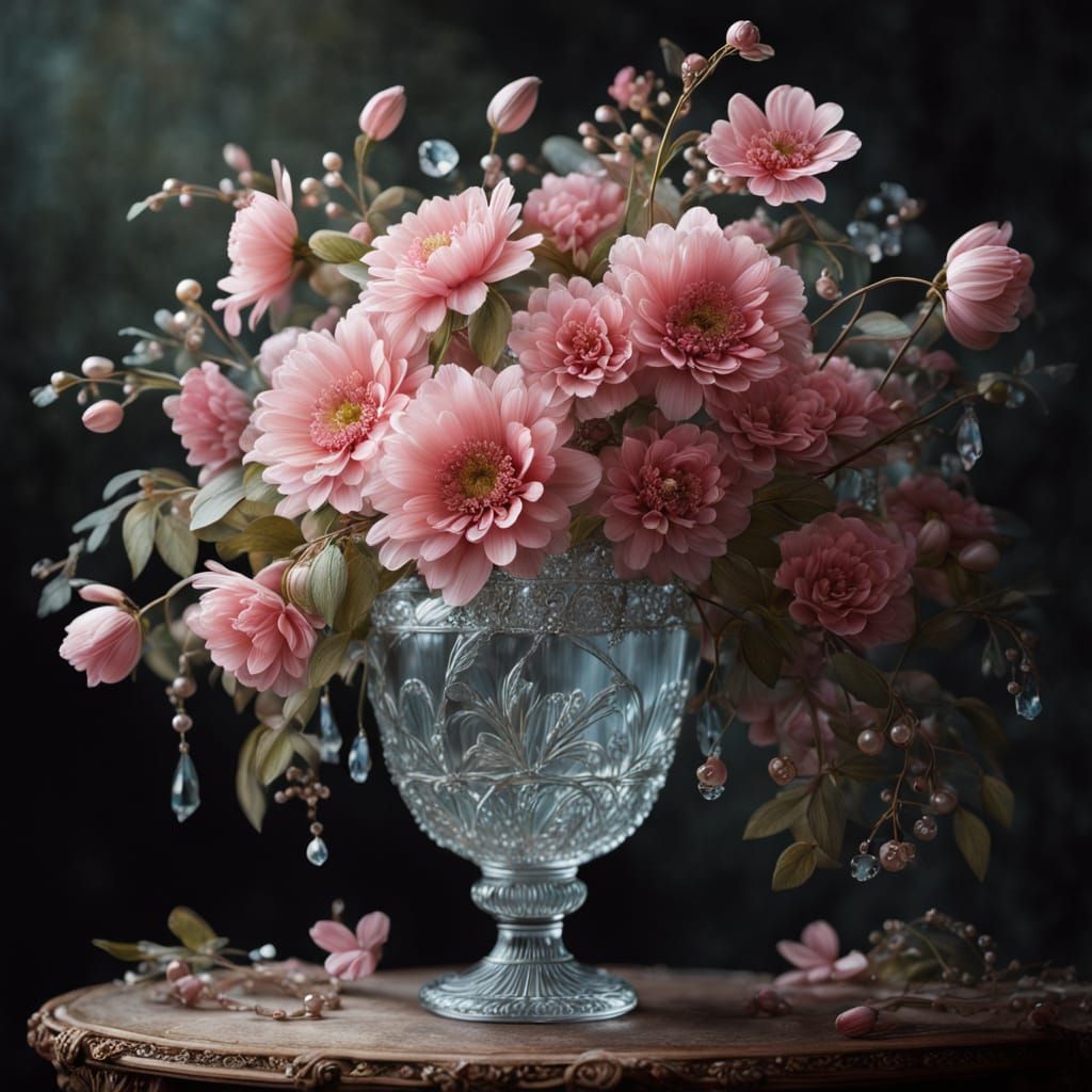 Ornate Vase Overflowing with Pink Jewels and Flowers