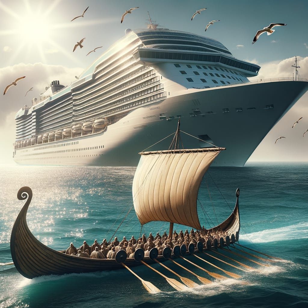 Viking Longship Meets Modern Cruise Ship on Ocean