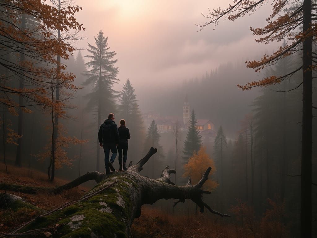 Foggy Alpine Forest Morning with Village and Couple