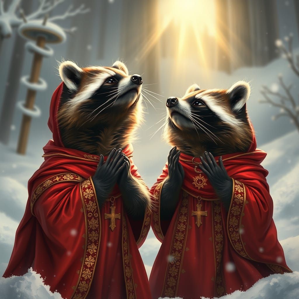 Raccoons Praying in Opulent Medieval Clothing