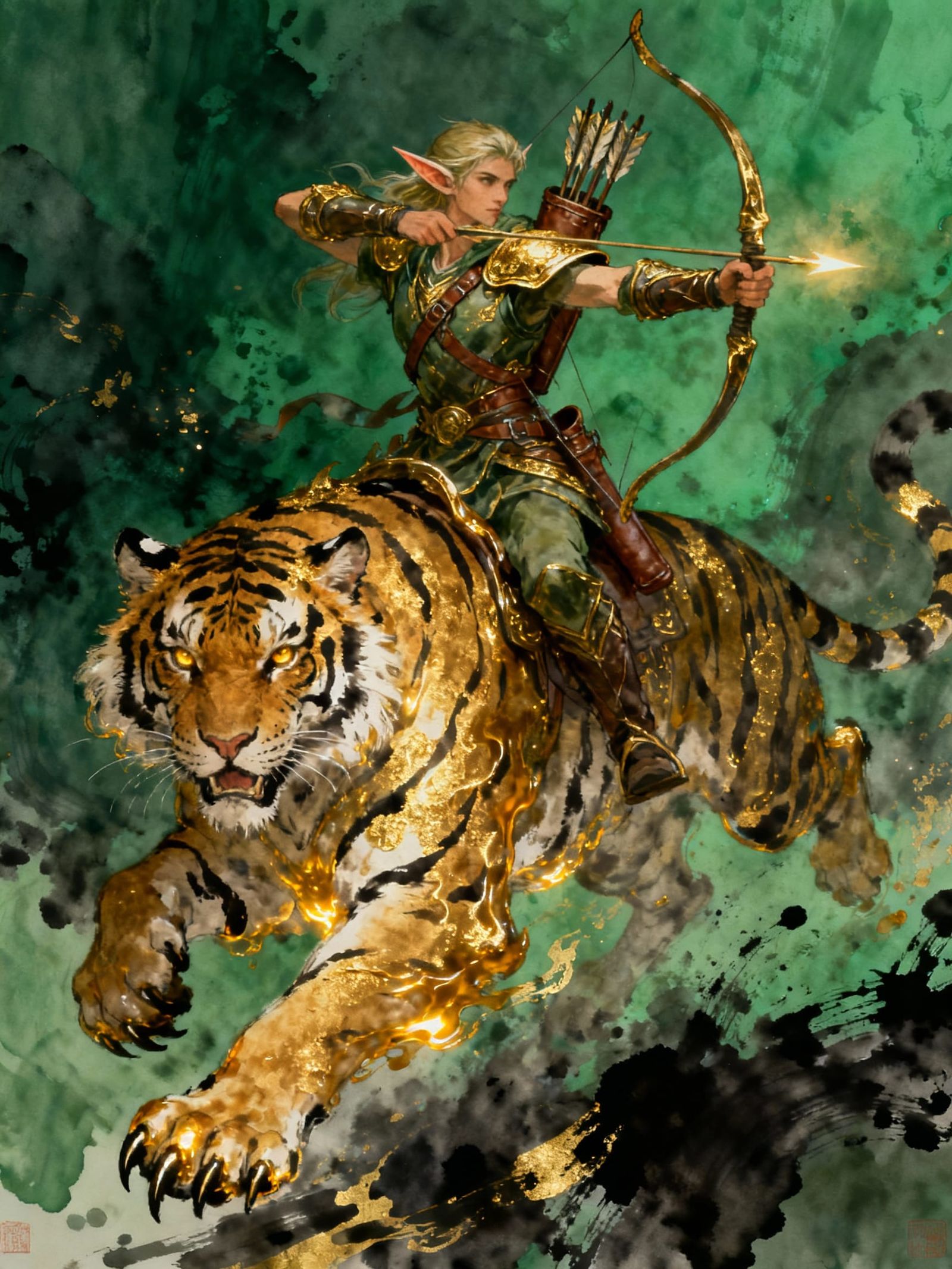 Elven Archer on War Tiger Painted in Molten Ink