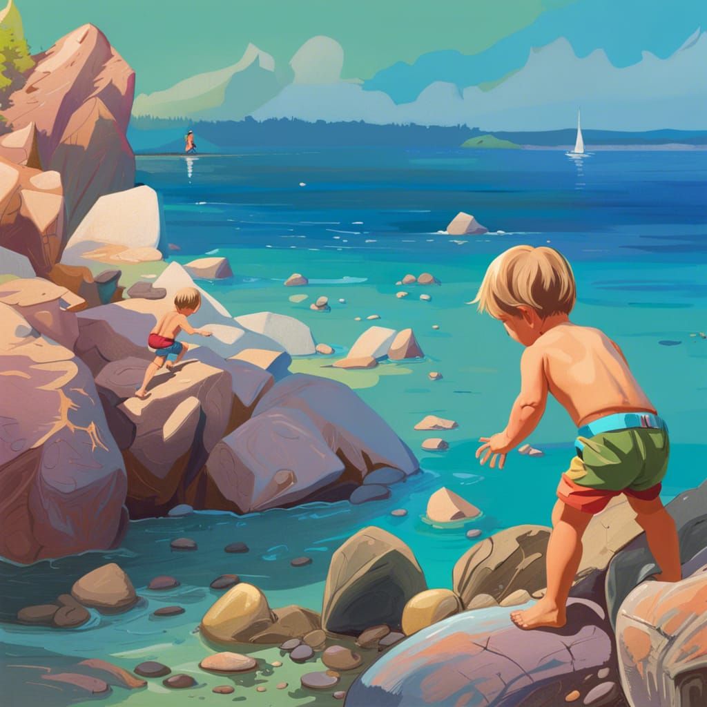 Toddler Climbing Rocks in Dreamy Surreal Landscape