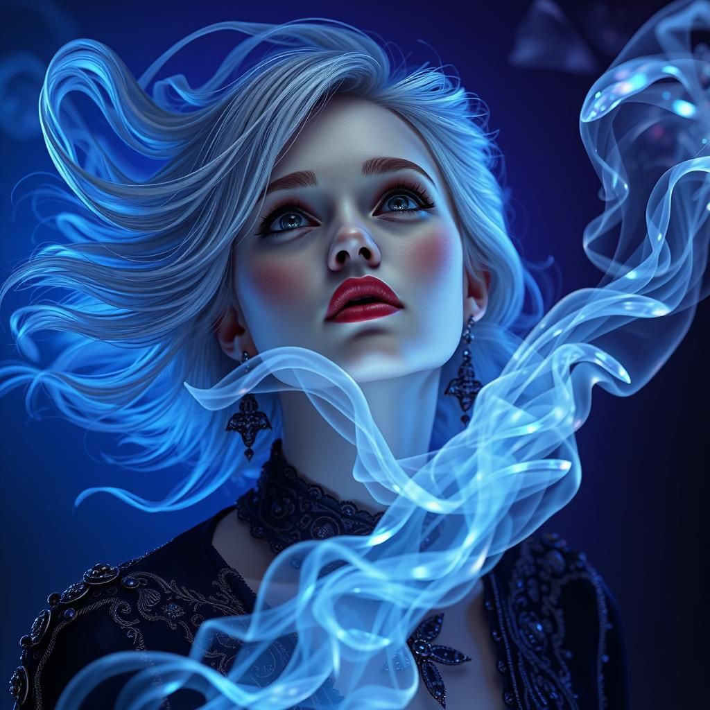Mystic Woman Exhaling Iridescent Smoke