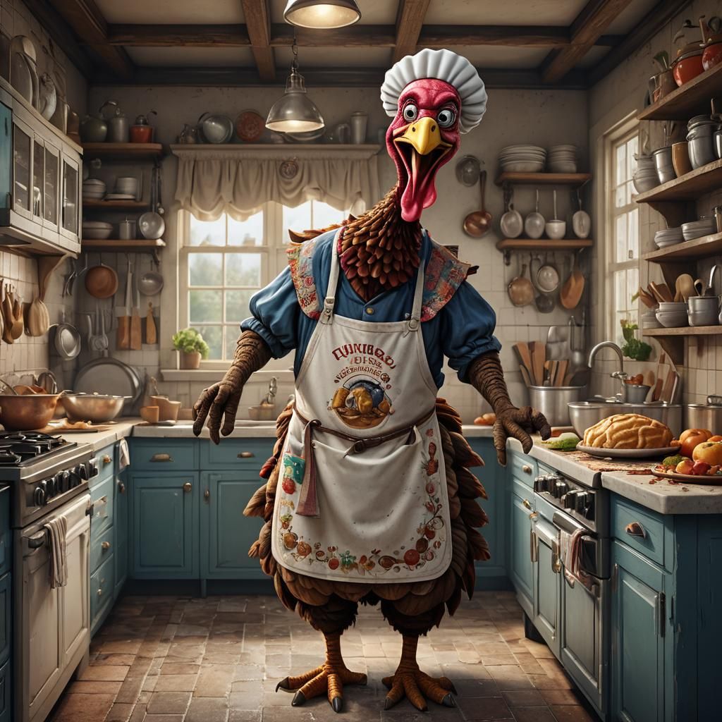 Anthropomorphic Turkey Chef Baking a Pie