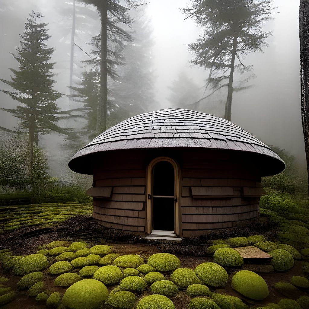 Mushroom House with Round Windows in Misty Forest