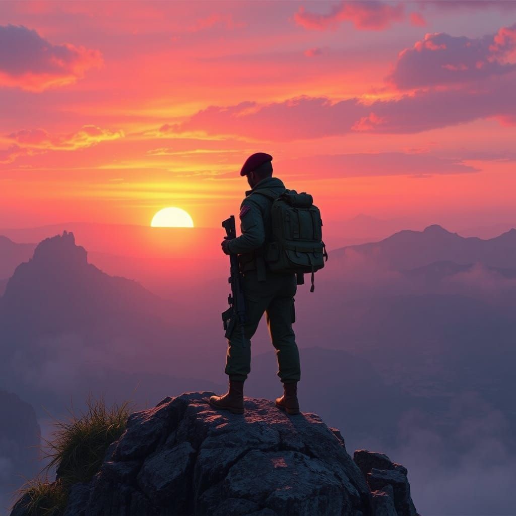 Paratrooper Silhouetted Against Fiery Sunset