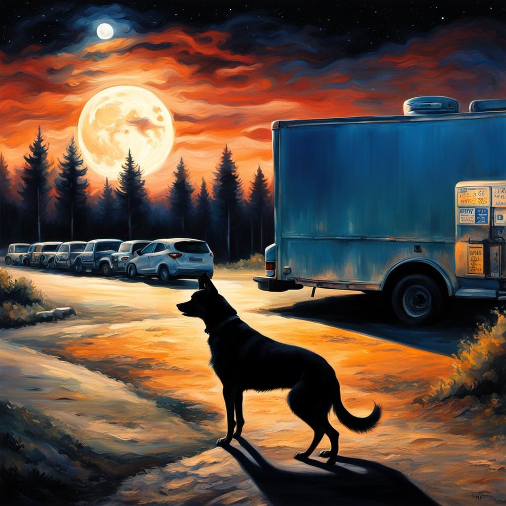 Dog Silhouette at Gas Station in Impressionist Style