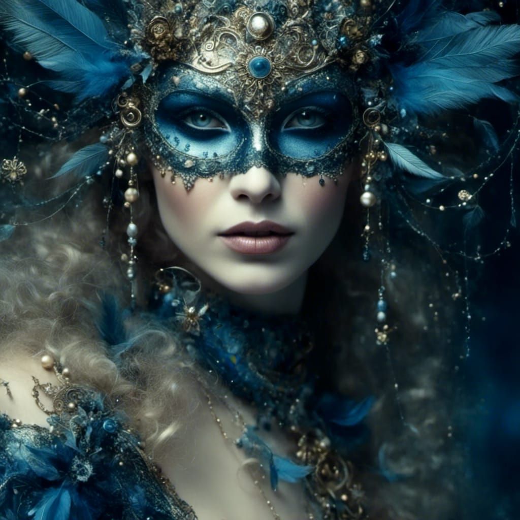 Woman in Black and Blue Carnaval Mask