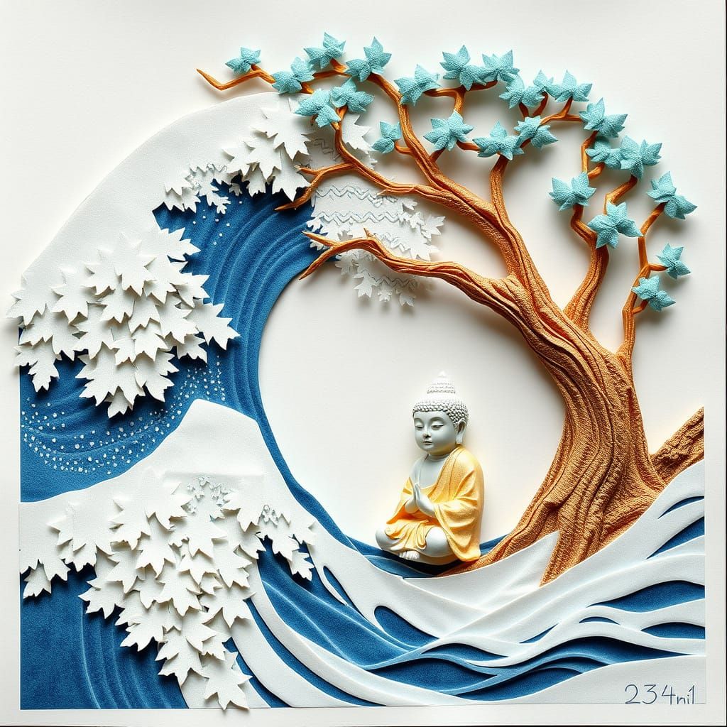 Siddhartha Meditates: Hokusai-Style Origami Papercraft