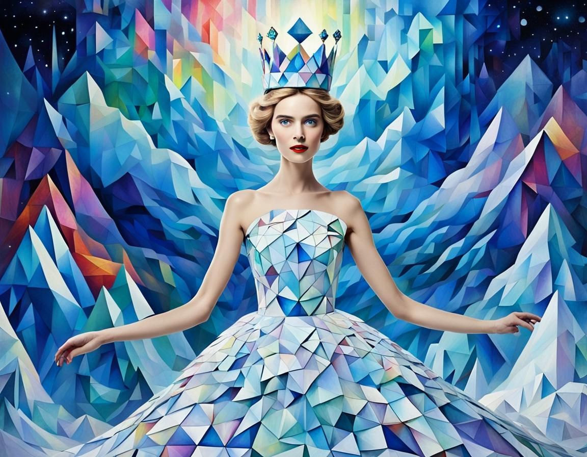 Snow Queen Portrait in Cubism Style with Aurora