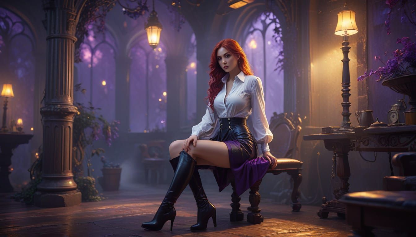 A woman with very long red hair is wearing a white latex but...