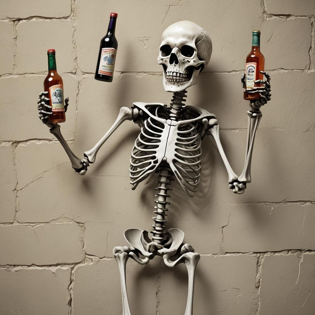 Cartoon Skeleton 'Skeltron' Leans Drunkenly Against Wall