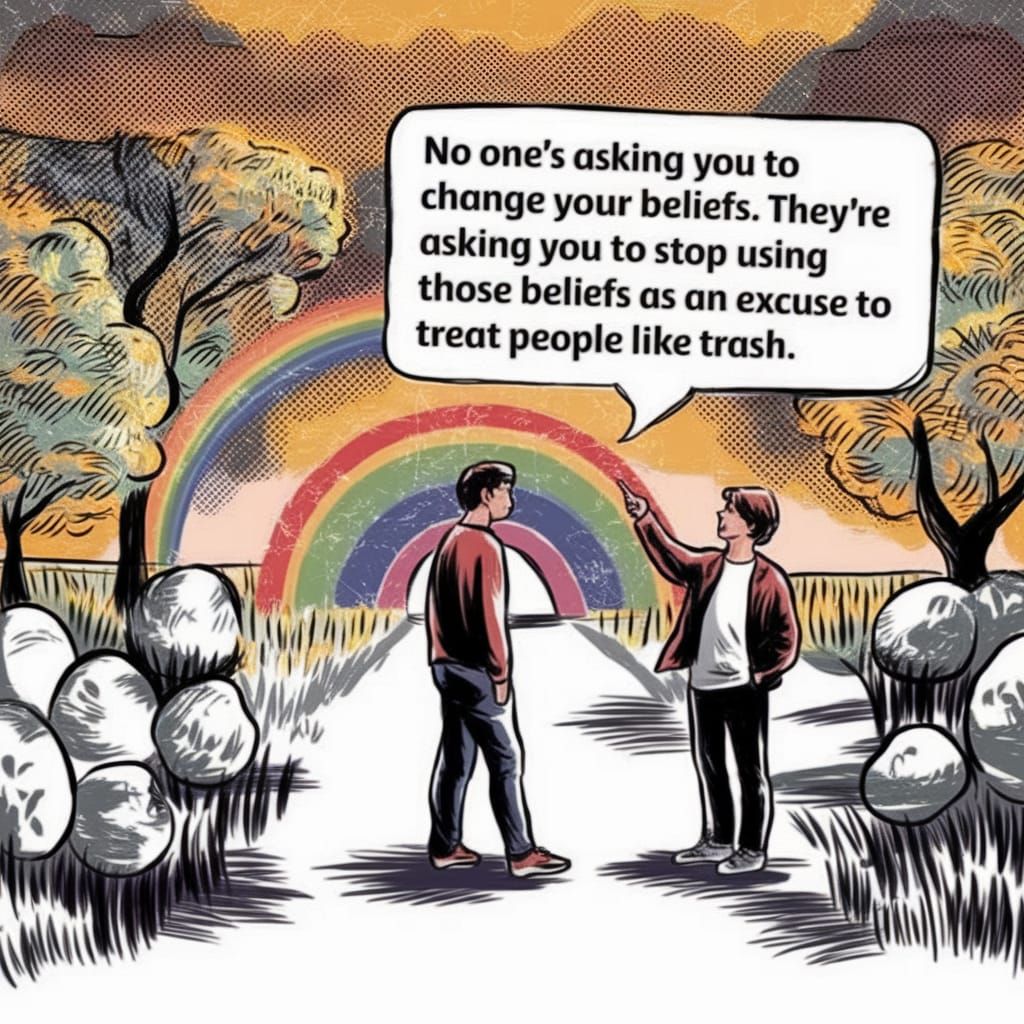 Two Figures Under a Rainbow Arch