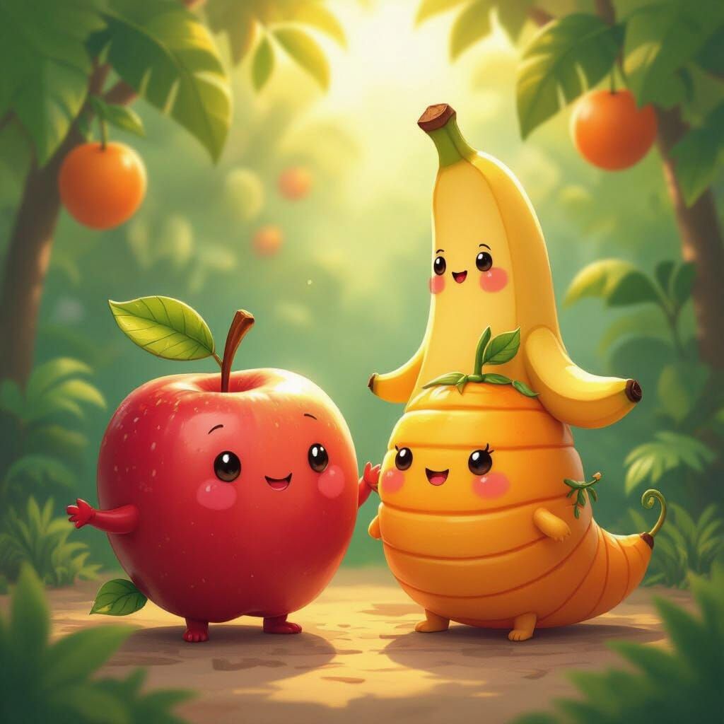 Whimsical Fruit Creatures in Golden Hour Orchard