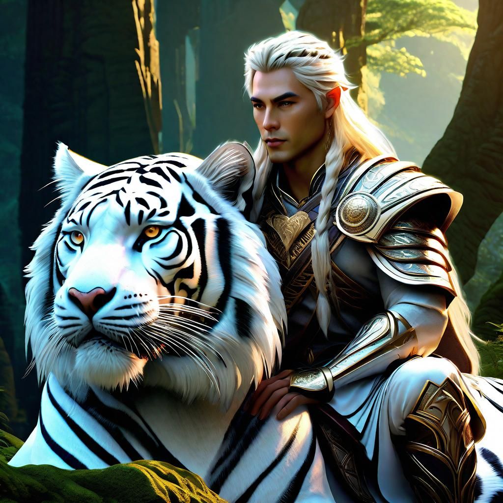 Elven Beastmaster and White Tiger: Epic Fantasy Art