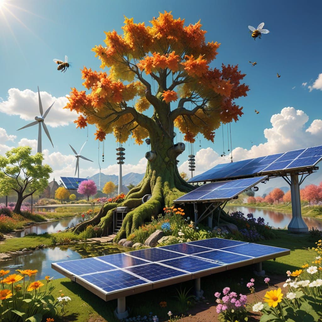 Surreal Solarpunk Tree Embracing Harmony with Nature and Tec...