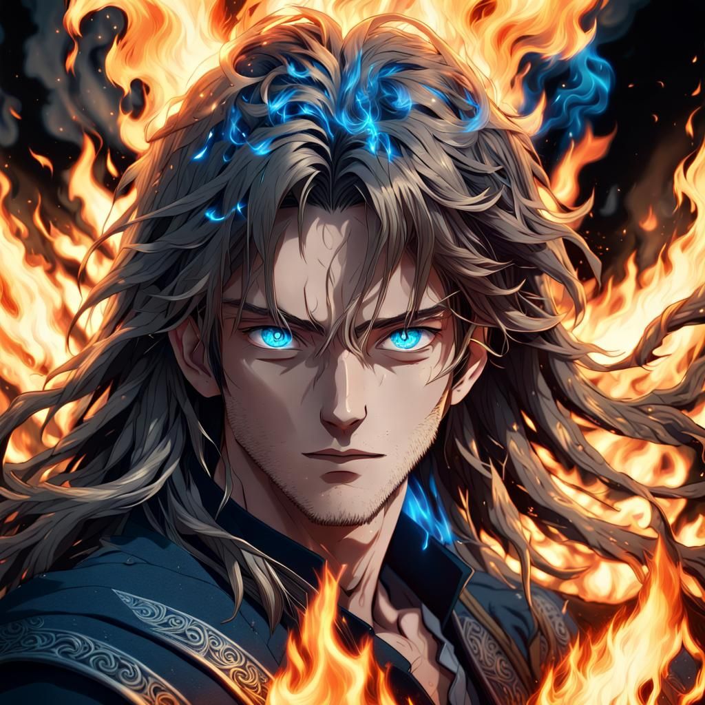 Anime Man Surrounded by Fire in Hyperrealistic Style