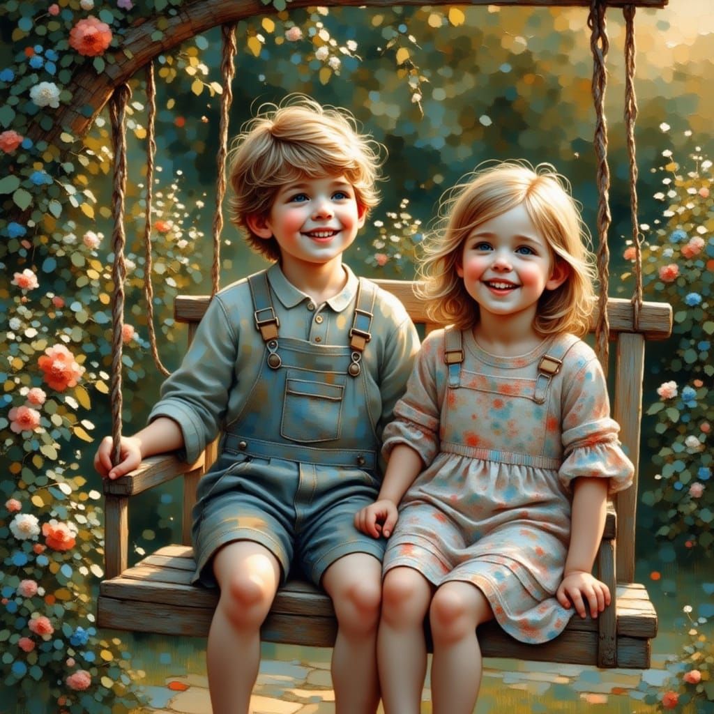 Cute Siblings Laugh Together in Warm Evening Light